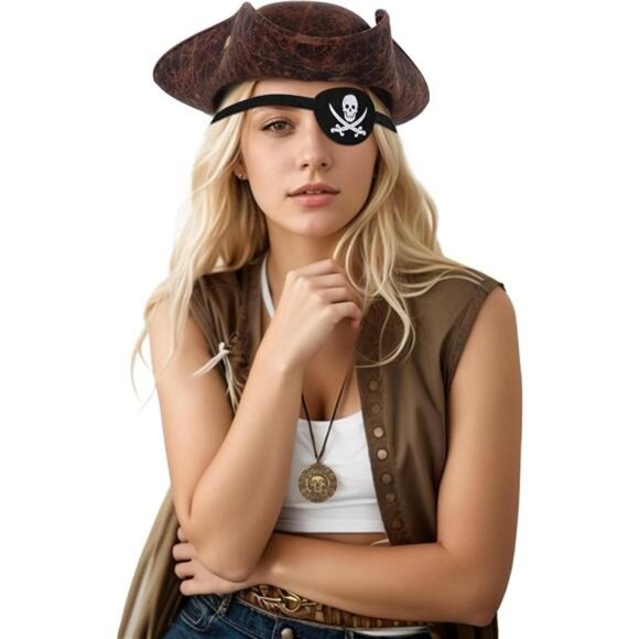 Pirate Hat Costume Tricorn Hat With Eye Patch & Necklaces - Picture 2 of 5